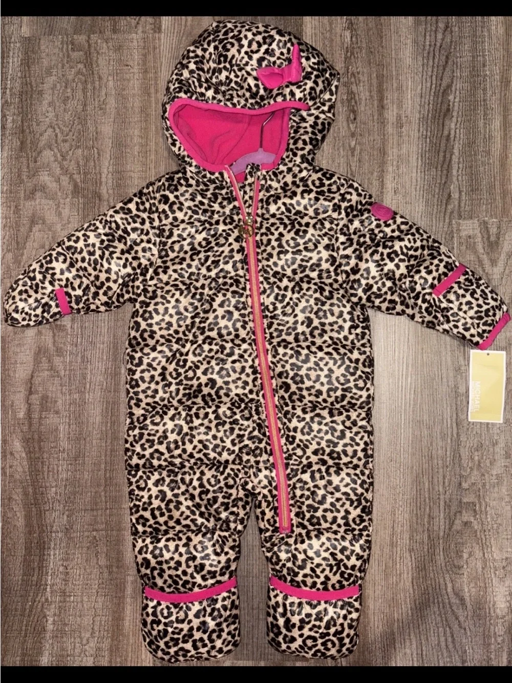 Infant girl's Michael Kors leopard print pink snowsuit hood size 0-6 M new NWT